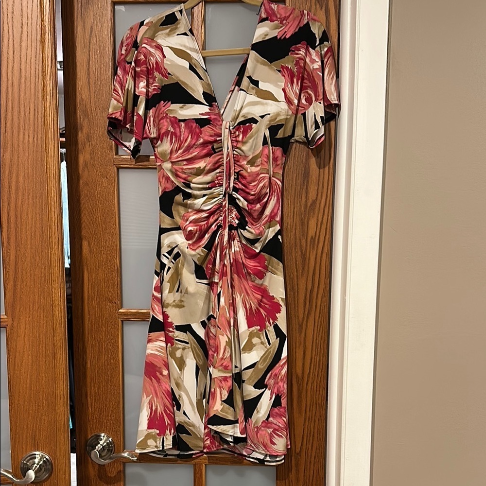 White House Black Market Black and Pink Floral Midi Dress​​